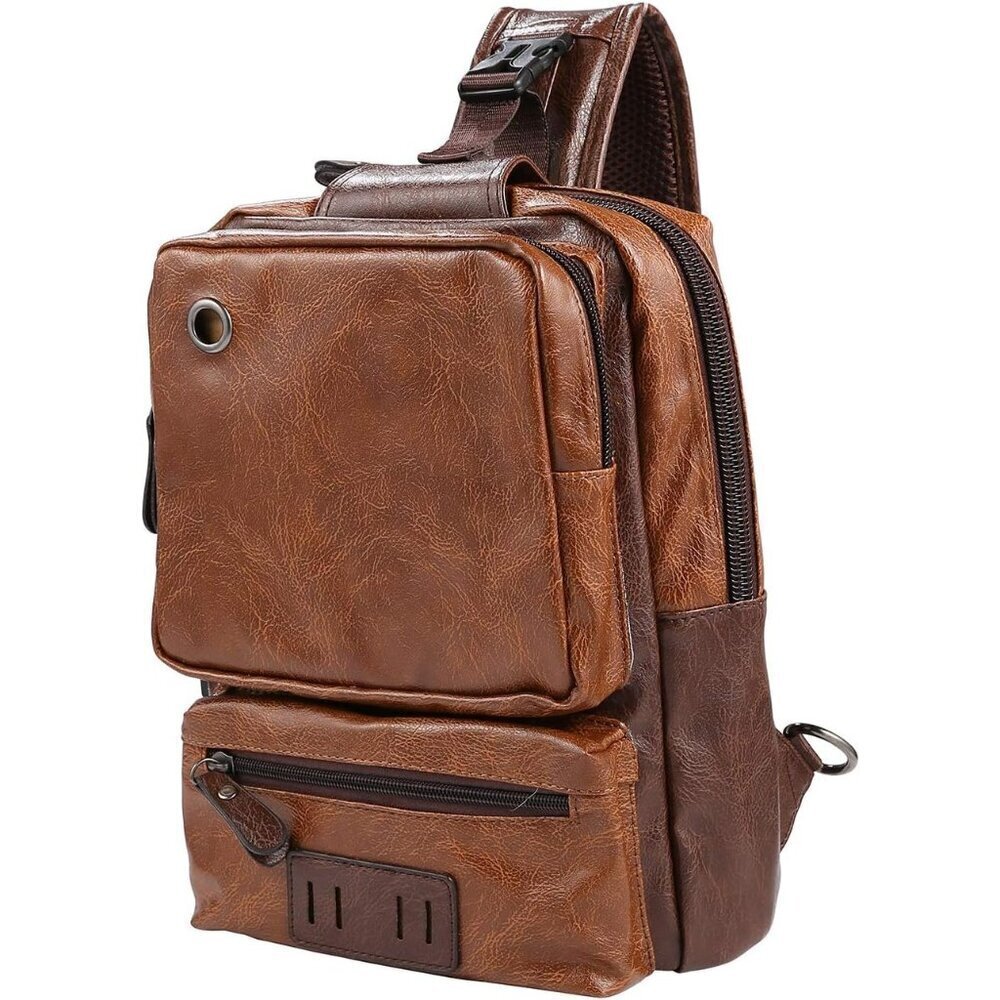Men's Brown SlingBag Cross body Leather Shoulder Backpack with USB Charging Port